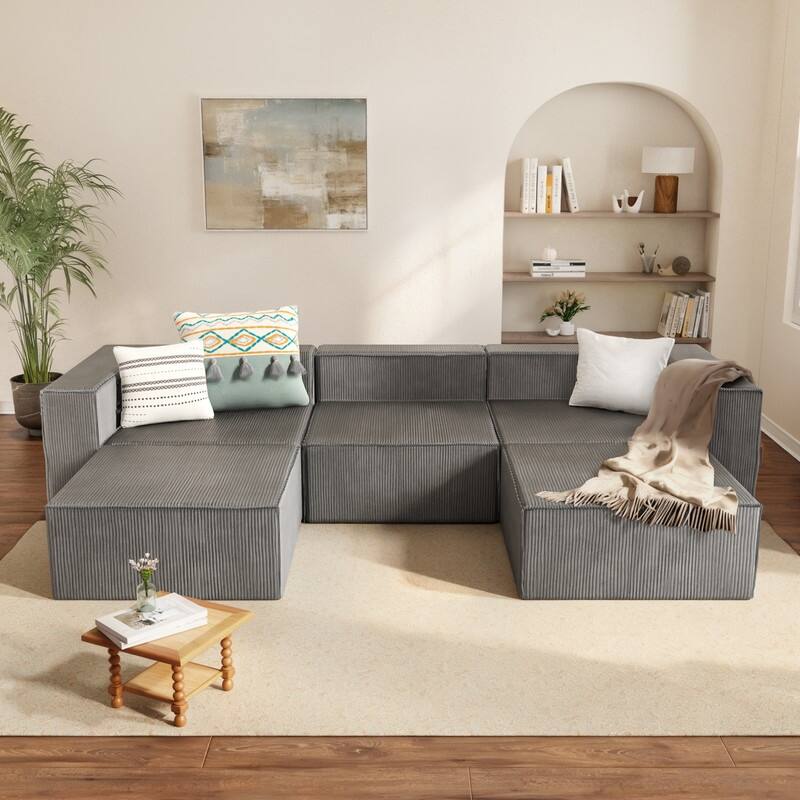 Corduroy Module with Two Ottoman Compression Sofa - Gray Corduroy