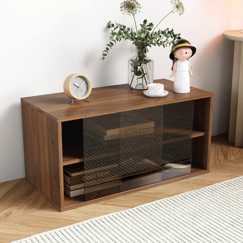 Stack Design Stackable Mounted Storage Cabinet with 2 Glass Sliding Doors - Walnut