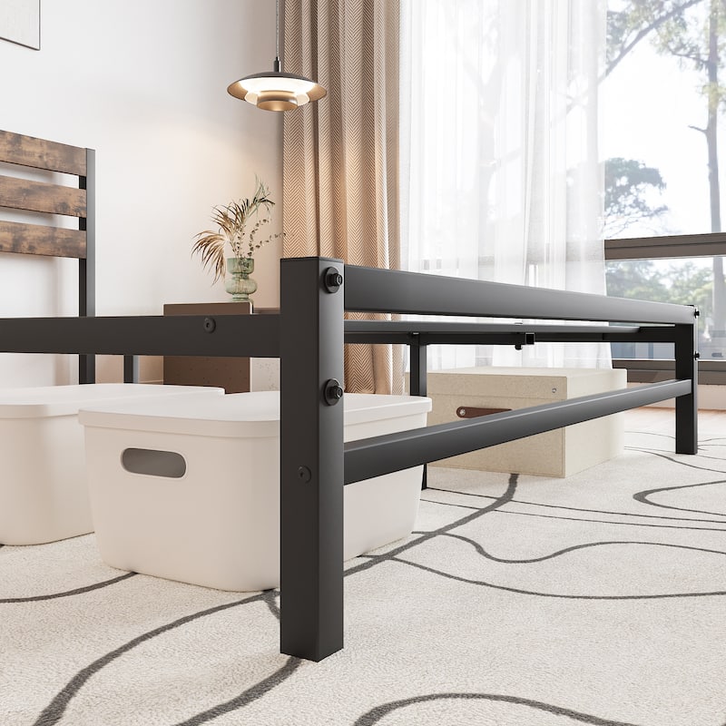 Rustic Brown Queen Size Metal Platform Bed with Rustic Wooden Headboard
