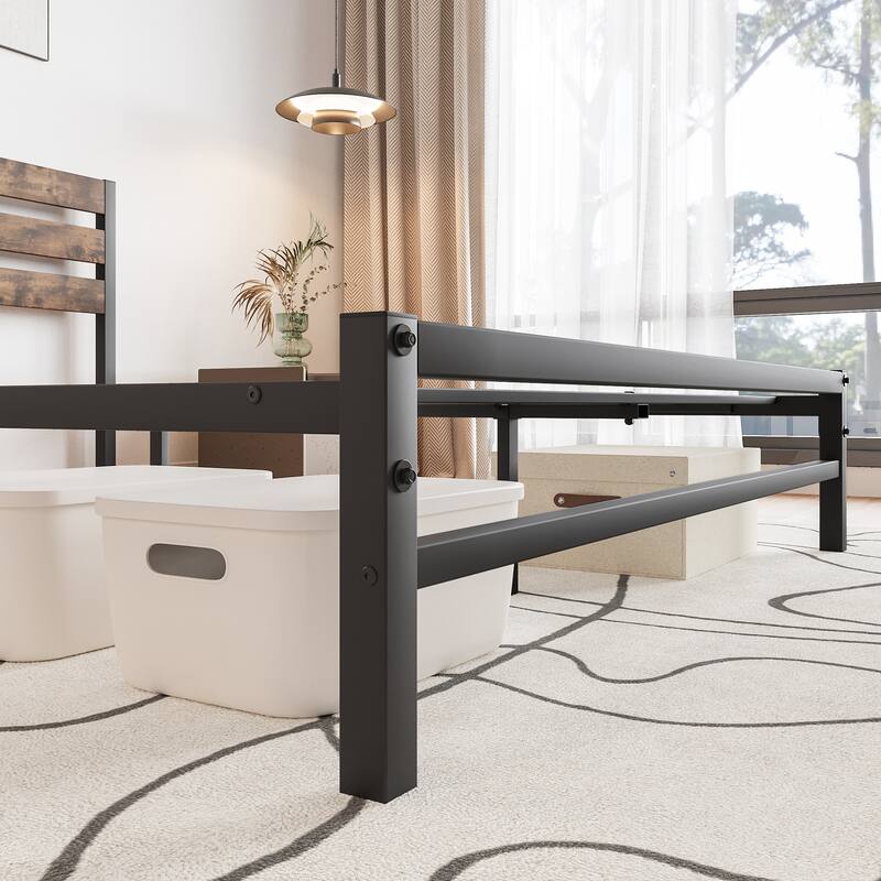 Vintage Wood & Metal Platform Bed Frame, Queen/Full/Twin, Strong Slat Support