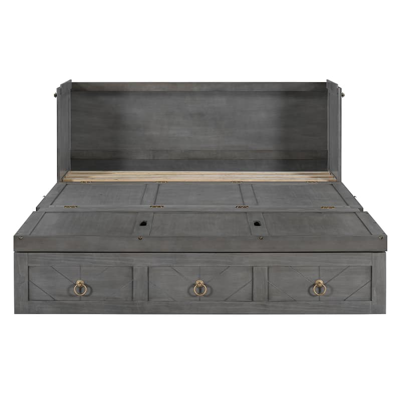 Queen Size Space-Saving Design Murphy Bed with USB Port and Large Drawer for Bedroom