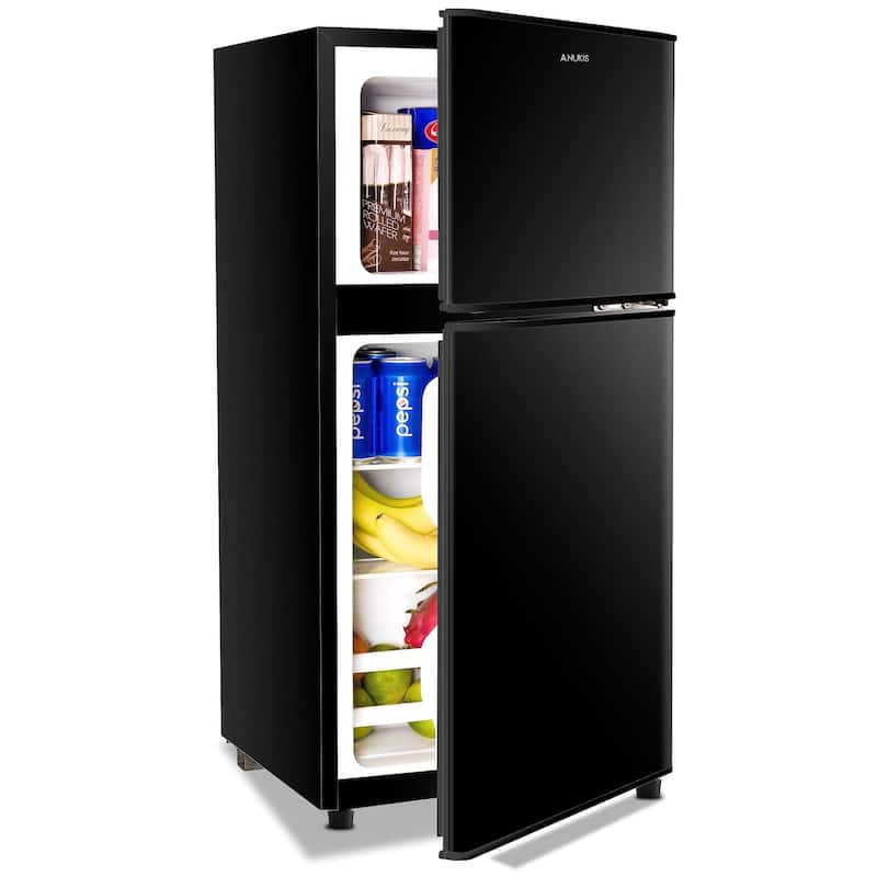 Anmytek 3.5 Cu Ft 2 Door Compact Mini Fridge with Freezer Adjustable 7 Level Thermostat Removable Shelves - Black