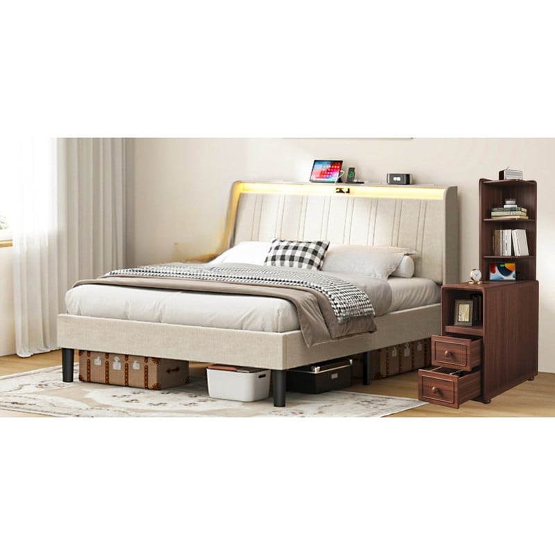 2 Pieces Bedroom Sets, Platform Bed Frame with Built-in USB Ports & AC Outlets and nightstand with Open Shelves,Outlets
