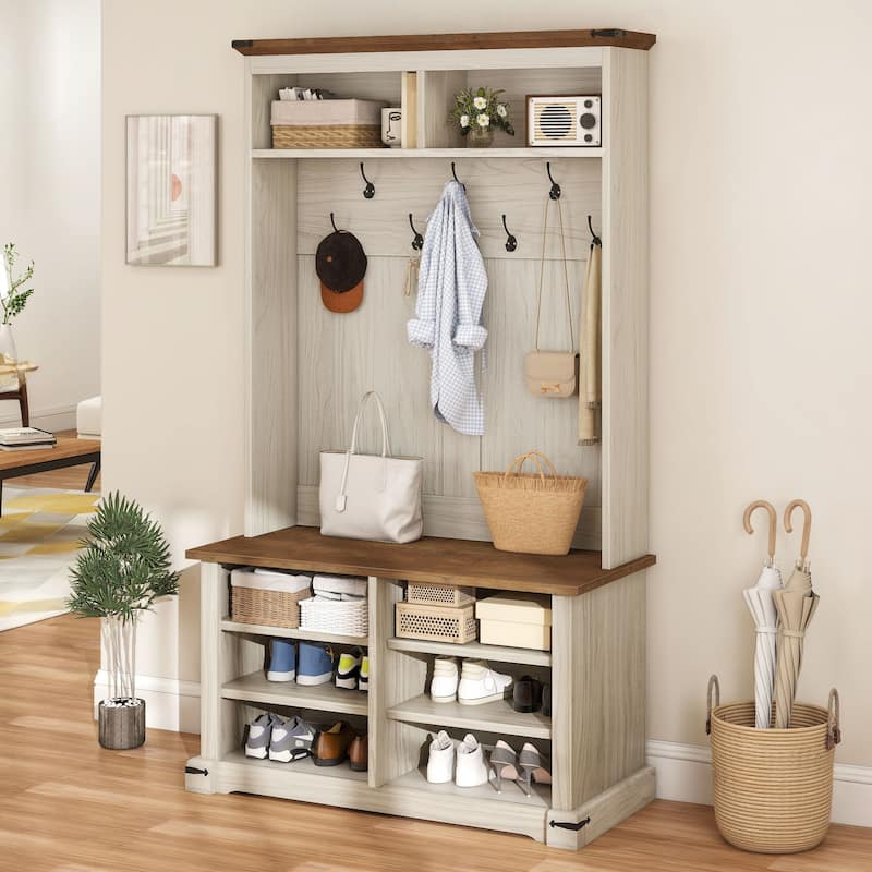 Moasis Farmhouse Hall Tree with Bench and Shoe Storage with 10 Hooks for Entryway