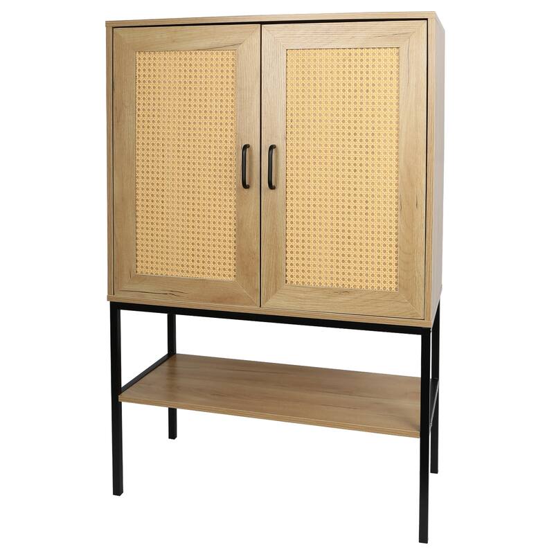 2 Rattan Doors Free Standing Storage Cabinet/Sideboard with 1 Open Bottom Shelf