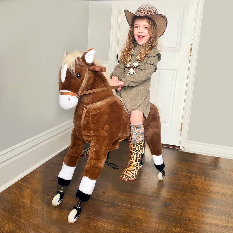 Interactive Large Ride-On Rocking Horse for Kids Aged 5-16, Plush Body with Rolling Wheels
