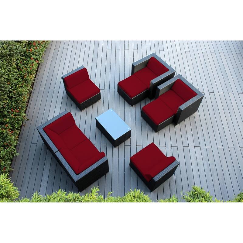 Ohana Outdoor Patio 9 Piece Black Wicker Seating Set with Cushions - No Assembly - Red