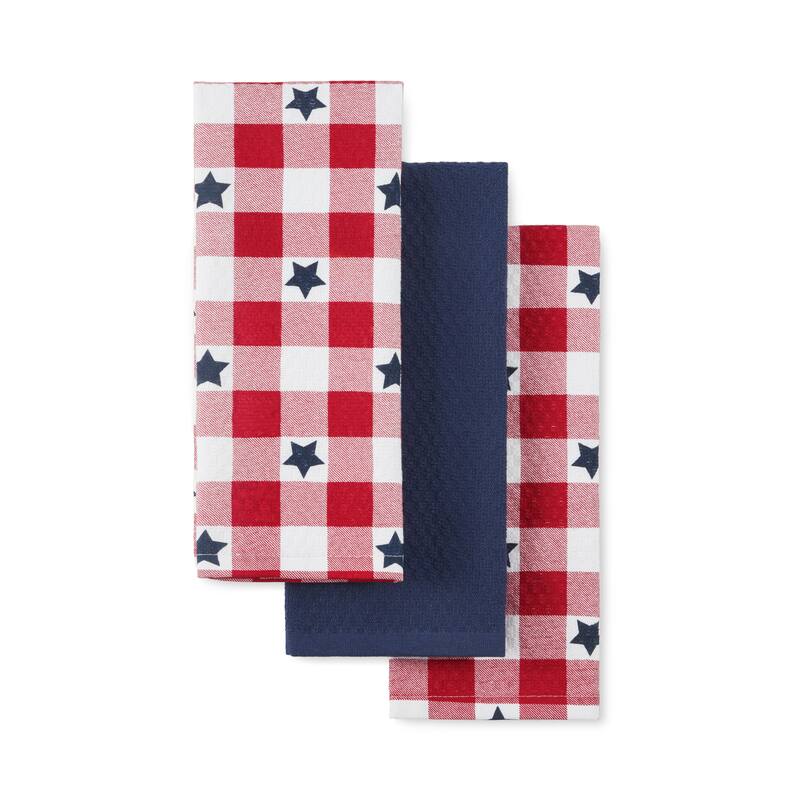 MARTHA STEWART Americana Star Gihgham Holiday Kitchen Towels 3-Pack Set, 100% Cotton, Absorbent, Patriotic USA America Décor
