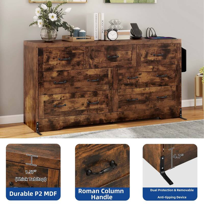 Moasis 6-Drawer 7-Drawer Double Dresser with Power Outlet and Organizer Bag