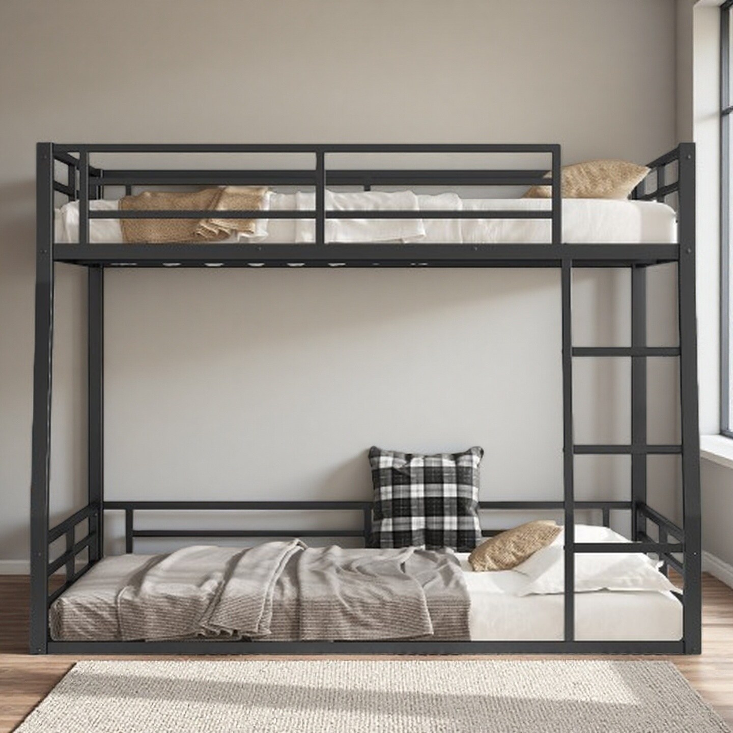 Full XL over Queen Metal Bunk Bed, Sturdy Noise-Free Frame, Heavy-Duty Support for Teens and Adults, Black