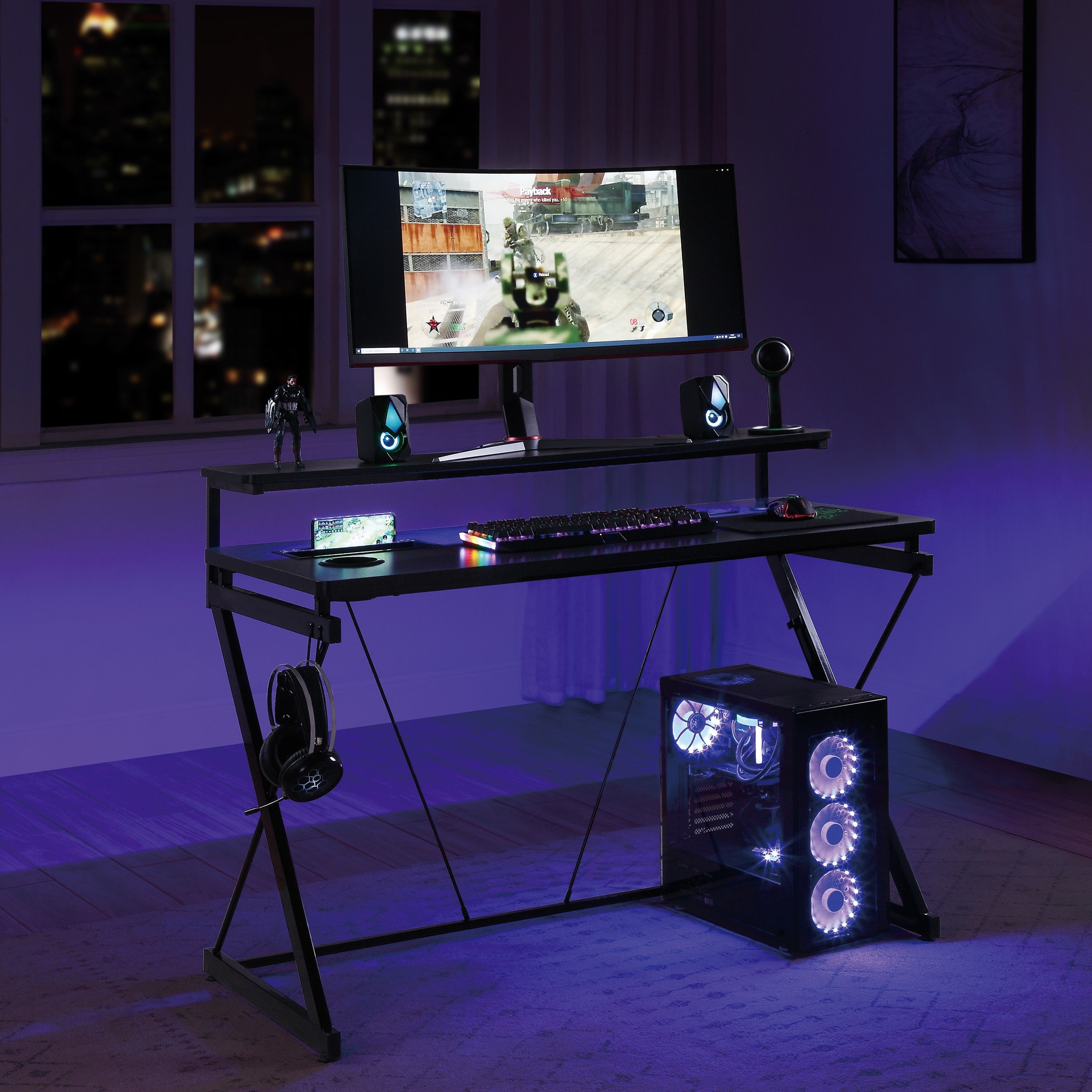 Code Battlestation Gaming Desk With Rgb Led Lights Overstock 31723651