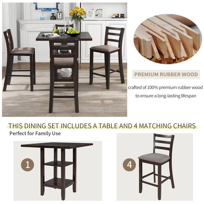 Espresso 5-Piece Counter Height Wooden Dining Table Set with 4 Chairs & Shelf
