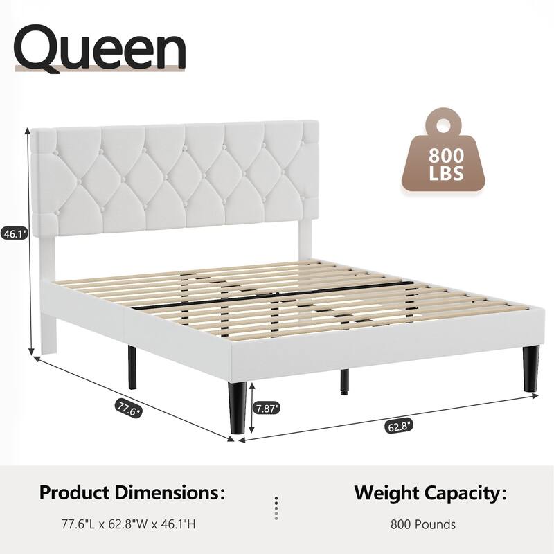Beige Diamond Button Tufted Upholstered Bed with Linen Headboard No Box Spring Needed 7.87" Underbed Storage Center Support Leg