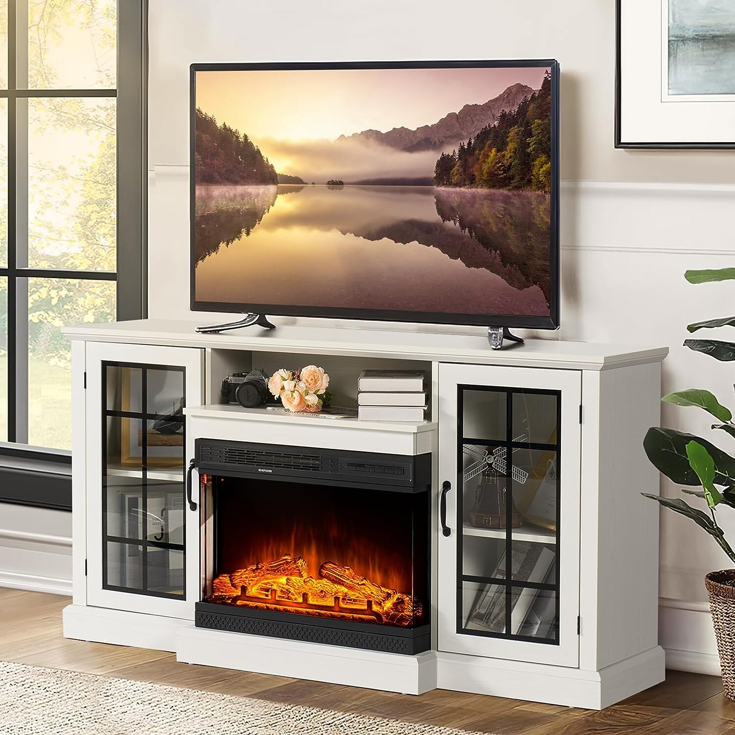 Glass electric store fireplace tv stand