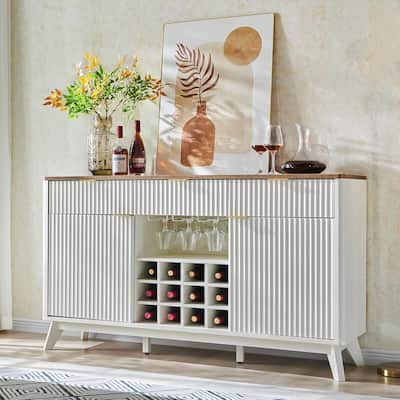 Modern Fluted Wine Bar Cabinet, Coffee Bar Cabinet w/Wine & Glass Rack