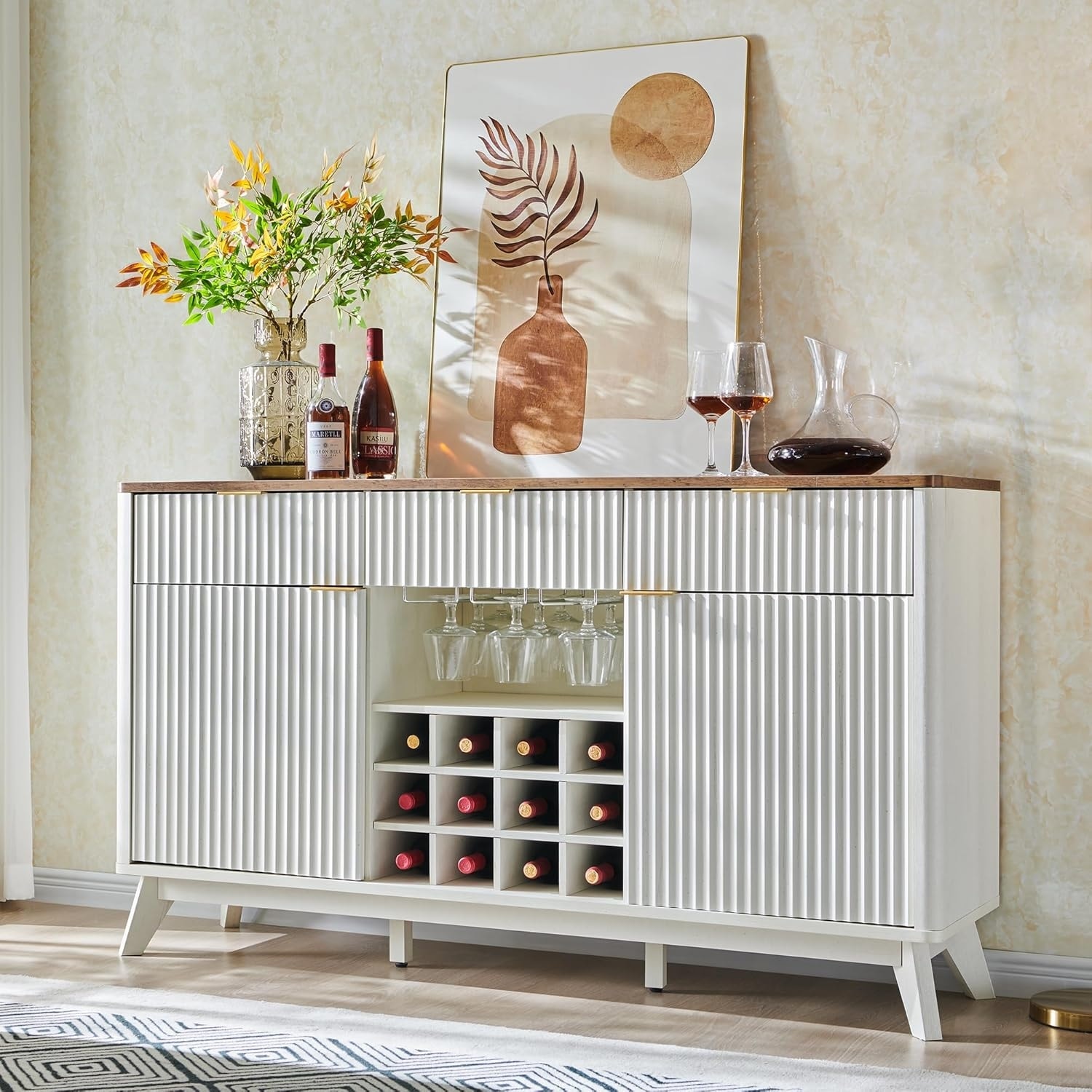 Modern Fluted Wine Bar Cabinet, Coffee Bar Cabinet w/Wine & Glass Rack