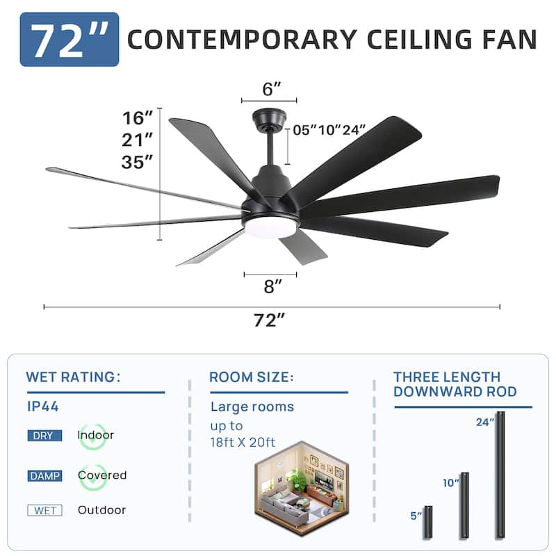 52"/66"/72"/76 Inch Modern Ceiling Fan with Dimmable LED Light ,Remote&APP Control,8 Blades for Large Living Room,Porch