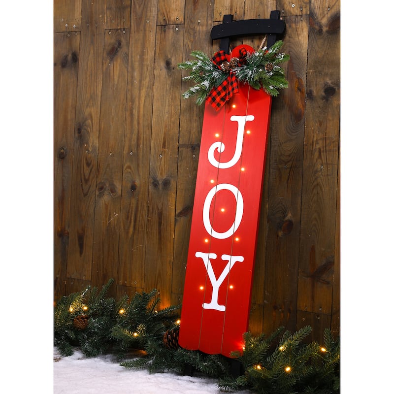 Glitzhome 40"H Lighted or Plaid Wooden JOY Porch Sign - Red