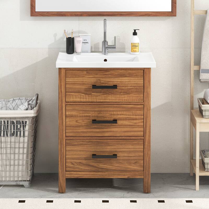 GDFStudio - Marwick Modern Freestanding Bathroom Vanity with Ceramic Sink and 3 Storage Drawers - 24.4'W