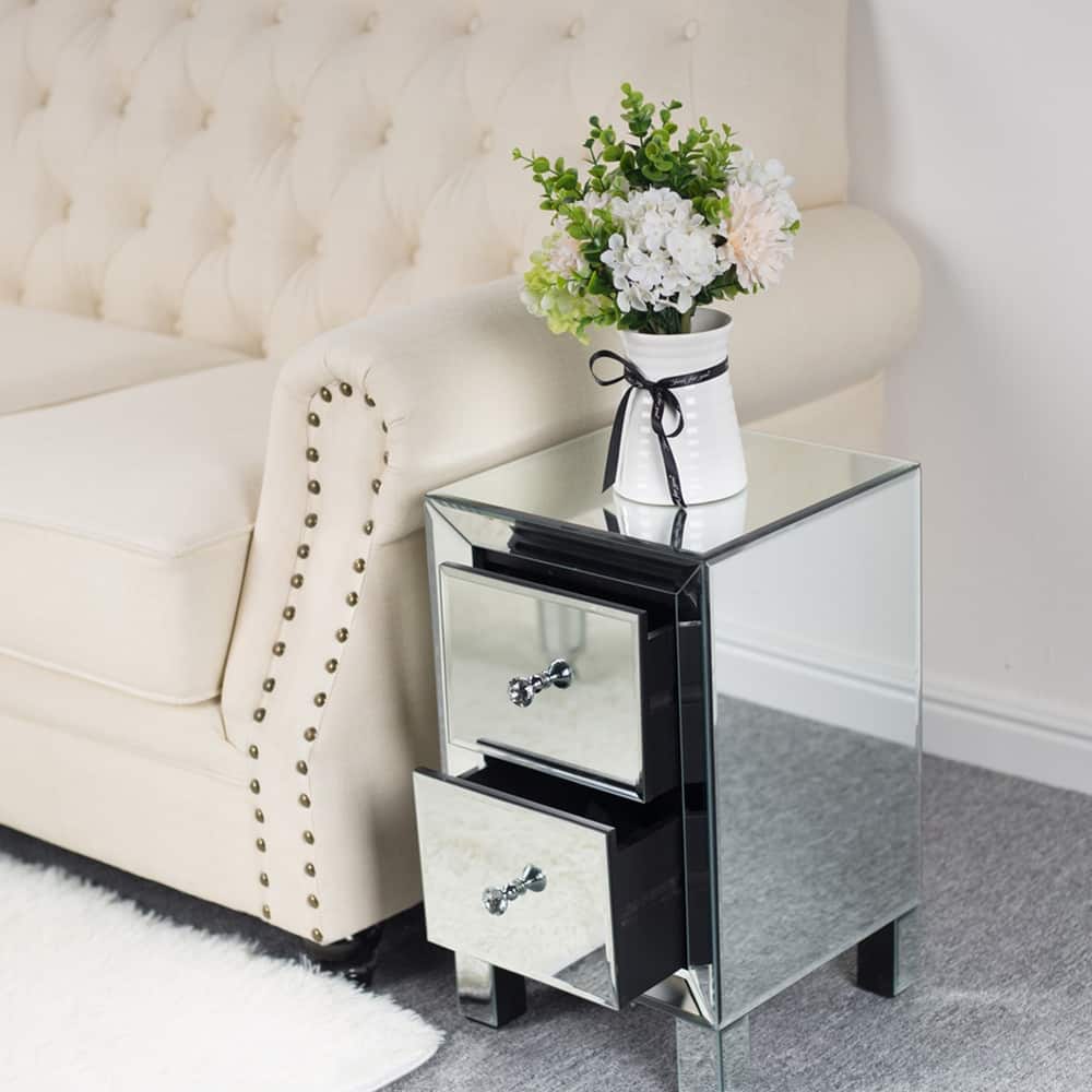 Two Drawer Mirror Bedside Table Silver