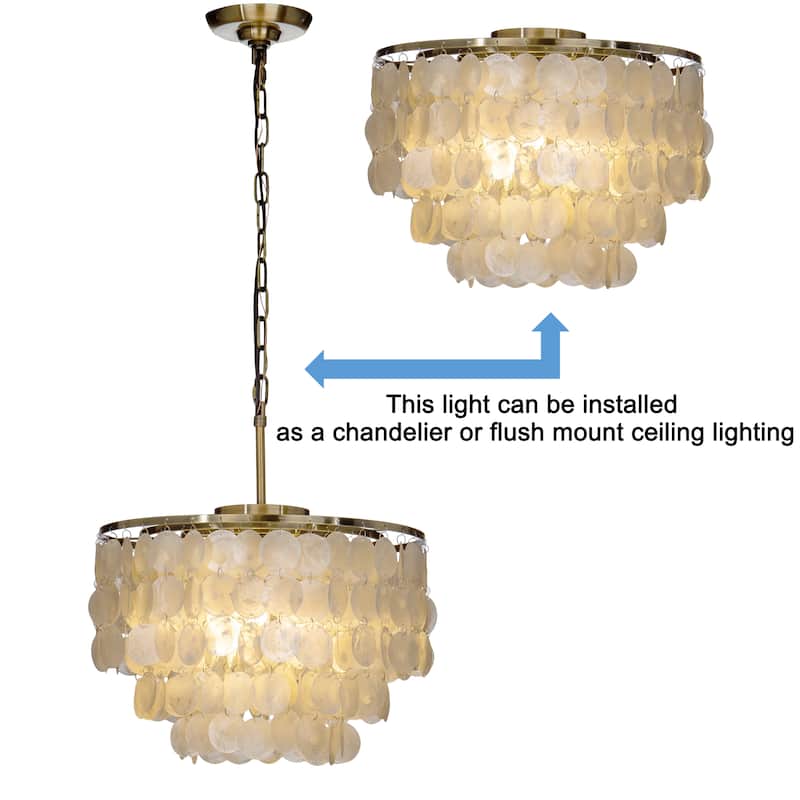 3-Light Tiered Antique Bronze Capiz Flush Mount Light with Shell Accents