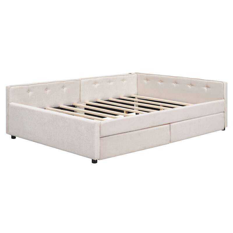 Beige Upholstered Daybed Platform Bed with 2 Storage Drawers Underbed, USB Charging, Linen Fabric, Wood Slat Daybed Frame