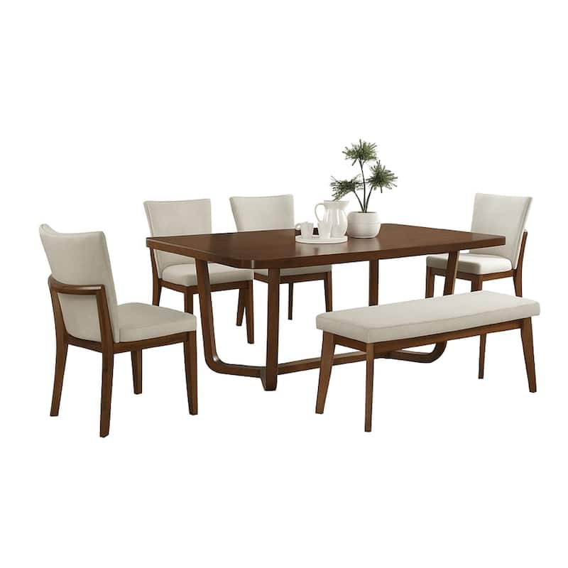 Lere Dining Bench, Beige Fabric, 45 Inch Antique Style Brown Wood