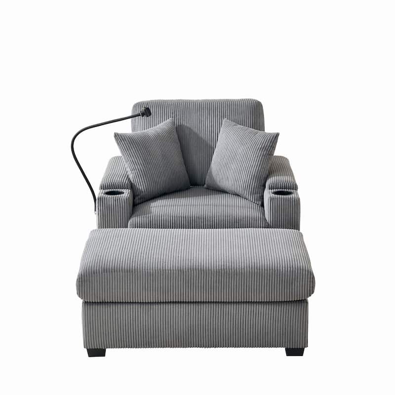 55" Oversized Chaise Lounge Chair Indoor With Ottoman And Storage,With Cup Holder,Mobile Phone Stand&Usb Charging Port