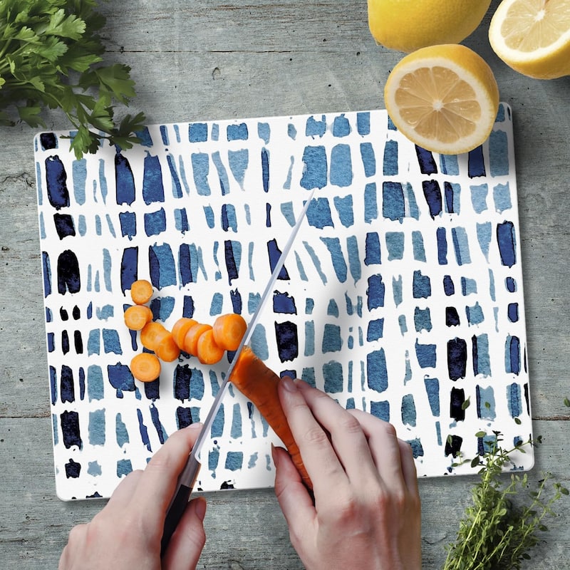 Indigo Wavy Lines 3mm Heat Tolerant Tempered Glass Cutting Board 10” x 8” Manufactured in the USA Dishwasher Safe
