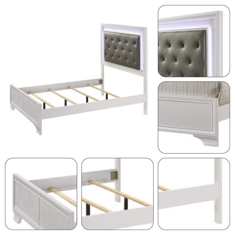 Glam Style queen bed White platform Solid Wood led bed