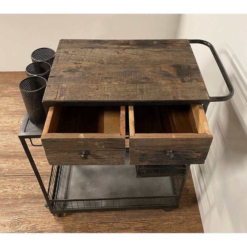 Rolling Rustic Black and Natural Bar Cart - 19" W x 33" D x 37" H