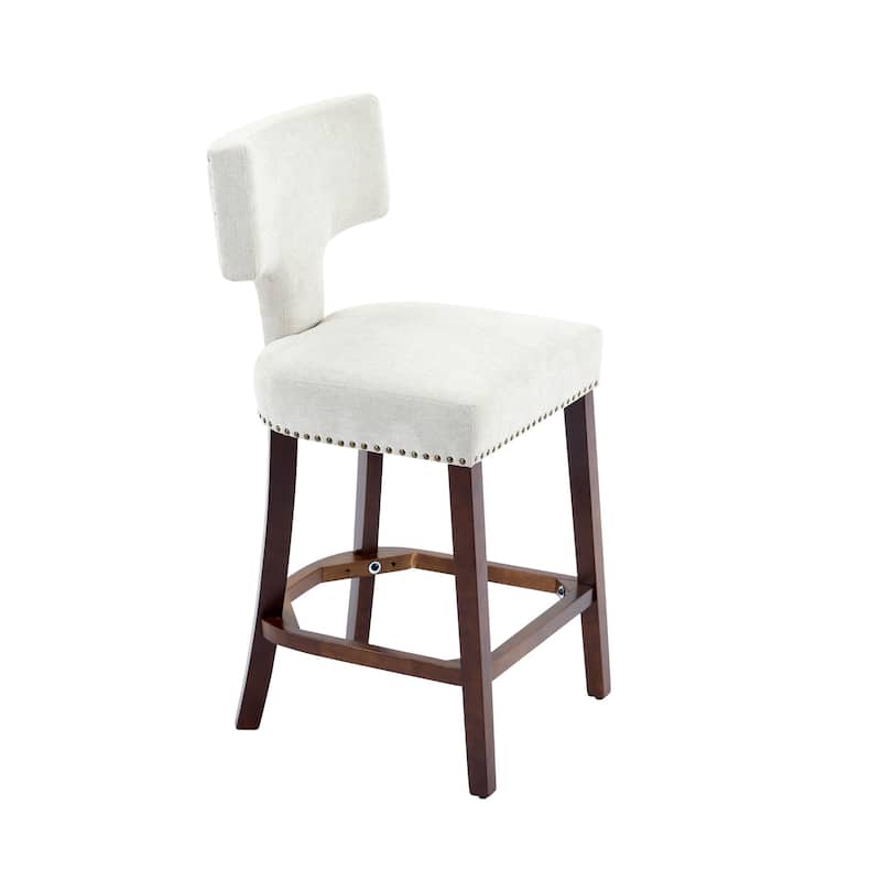 Mid Century Modern Counter Height Bar Stools Set of 2, Farmhouse Linen Fabric Upholstered Accent Chair Curved Backrest