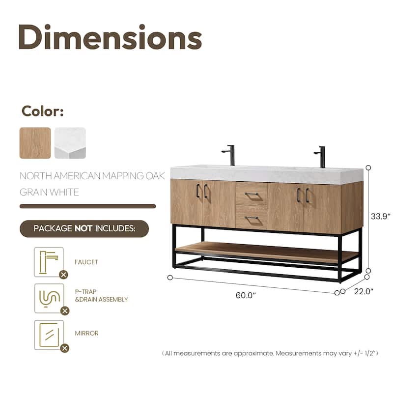 Alistair 60" Double Vanity with White Grain Stone Top without Mirror