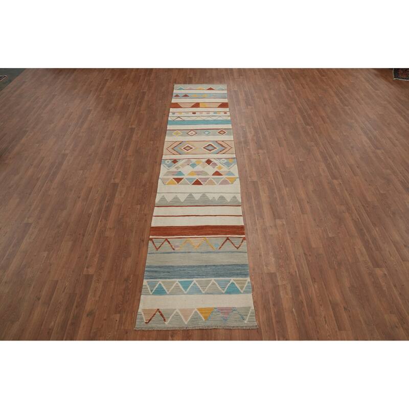 Hand Woven Oriental 100% Wool Carpet Southwestern Modern Beige & Ivories Kilim Runner Rug - 11' 9'' X 2' 6''
