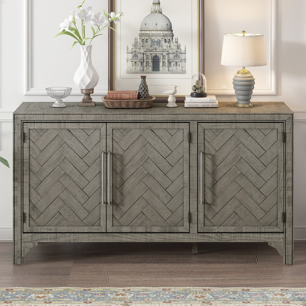 Sideboard Cabinet with Pine Veneer Finish, Designed Storage Buffet with Adjustable Shelves
