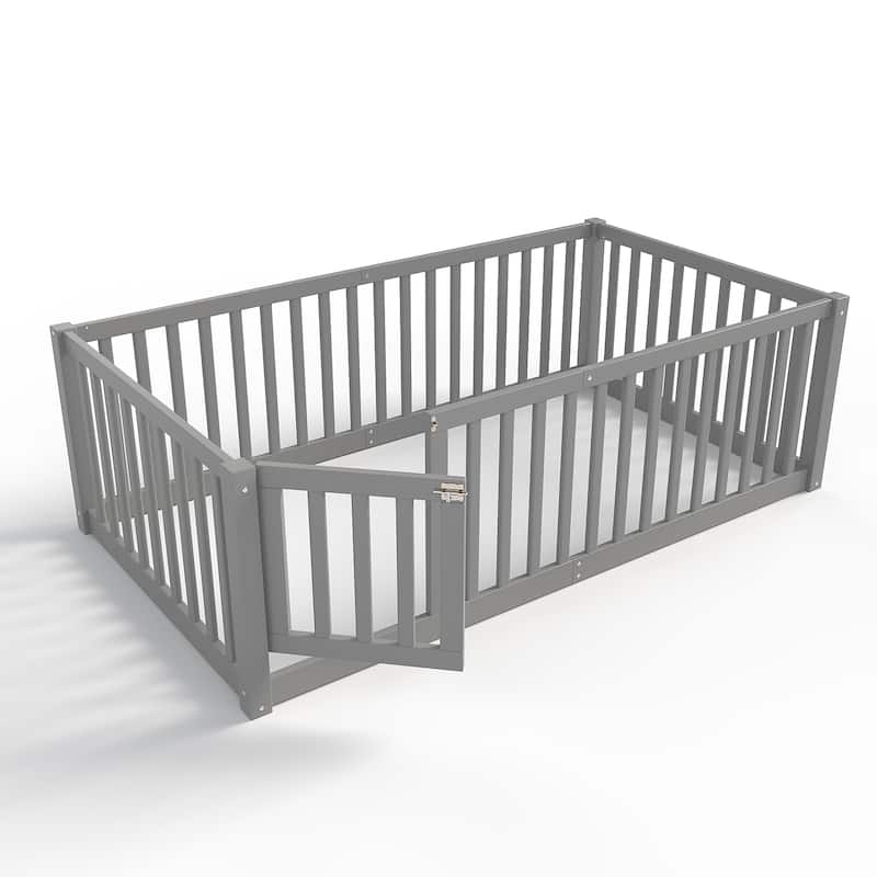 Montessori Floor Bed with Safety Guardrails & Door, Kids Low Profile Frame, Available in Queen/Full/Twin