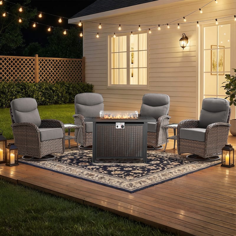 Pocassy Outdoor Sofa Swivel Chair and Ottman with 43in Fire Pit Table - Brown Wicker Gray Cushion - 7-Piece Swivel Chiar with Fire Table