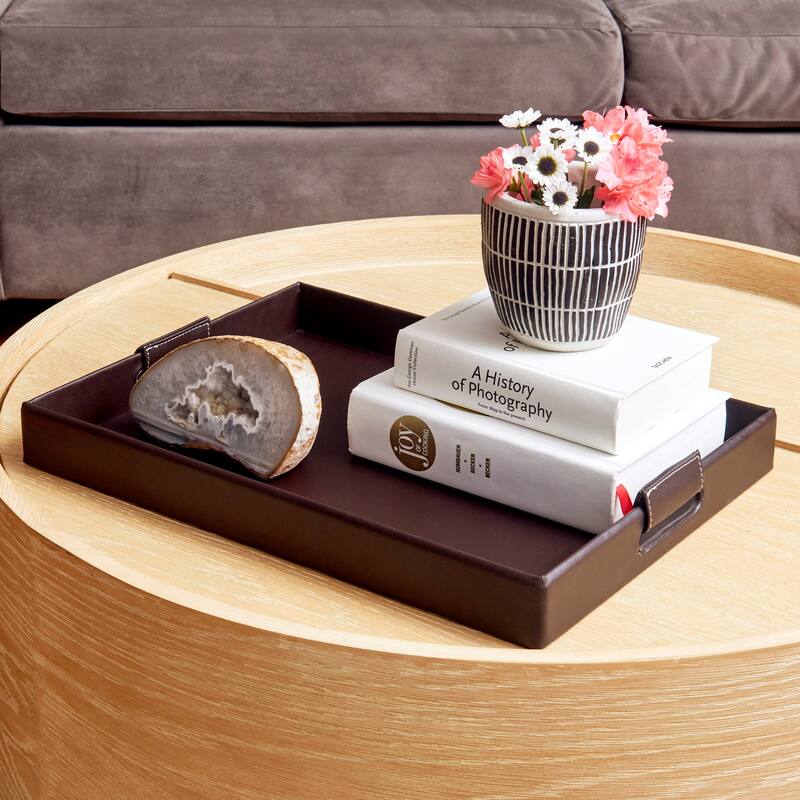Faux Leather Rectangular Tray with Handles