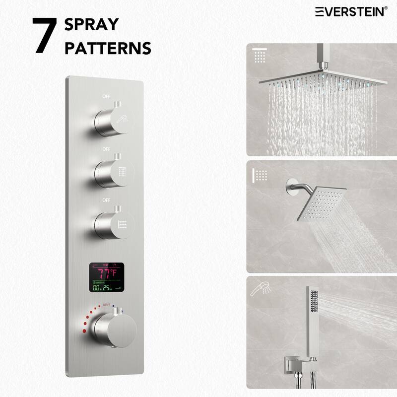 Digital Thermostatic Shower System Faucet Set 12" and 6" Temperature-Sensitive LED Rain Shower Head with Handheld Spray
