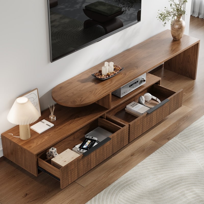 71" Mid-Century Walnut Finish TV Stand - Slatted Drawers, Open Shelves, 2-Tier Media Console