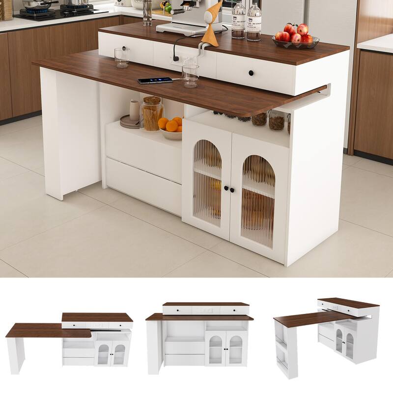 Kitchen Island with Extendable Rotating Table, 4 Drawers, Glass Doors & Built-in Socket