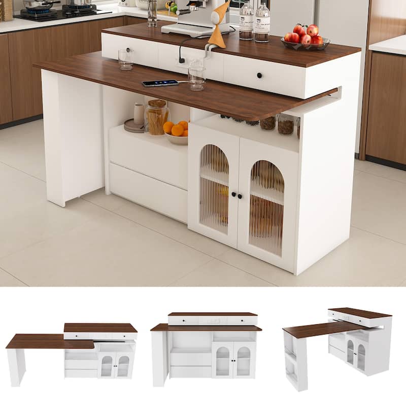 Roomfitters Kitchen Island with Rotating Extendable Table, Mobile Dining Station with Storage and Built-in Power Outlet