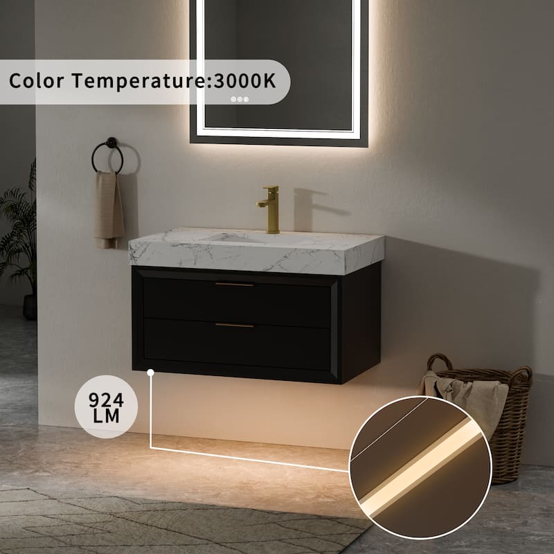 Modland 36/48/60 Inch Black Floating Bathroom Vanity with ETL LED Lights & Soft-Close Drawers, Waterproof Rubberwood