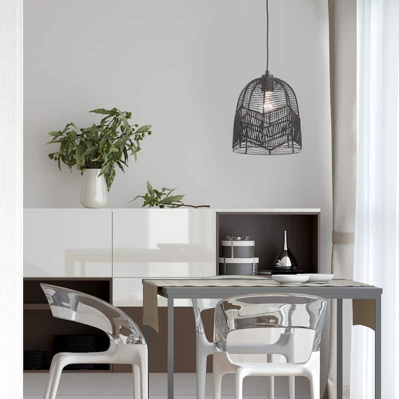 Henrietta River of Goods Black Metal and Woven Rattan Hanging Pendant Light - 9.875" x 9.875" x 13/61"