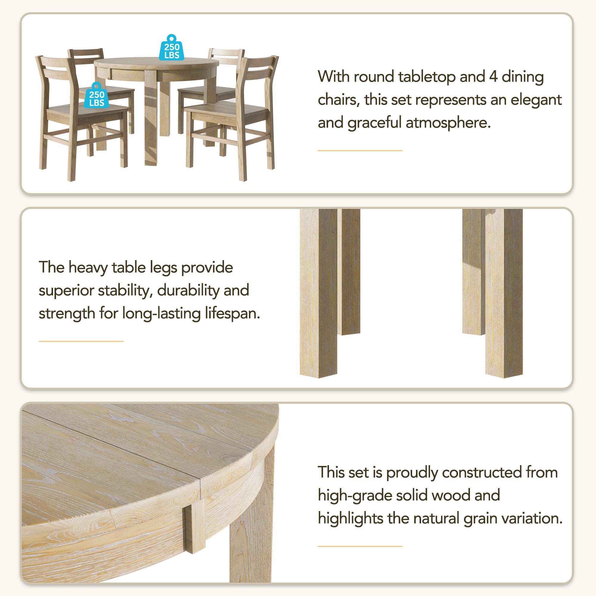 Farmhouse 5-Piece Extendable Round Dining Table Set with Storage Drawers and 4 Dining Chairs,16" Removable Leaf