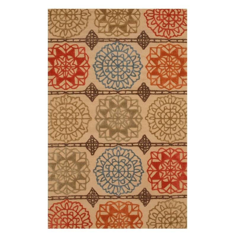 Beige Modern Geometric Wool Loop Cut Pile Rug, 8'9 x 11'9, Contemporary Plush Accent - L