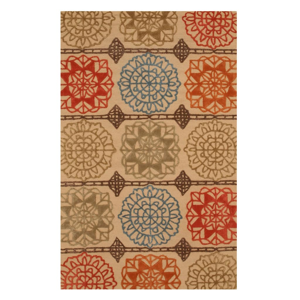 Beige Modern Geometric Wool Loop Cut Pile Rug, 8'9 x 11'9, Contemporary Plush Accent - L