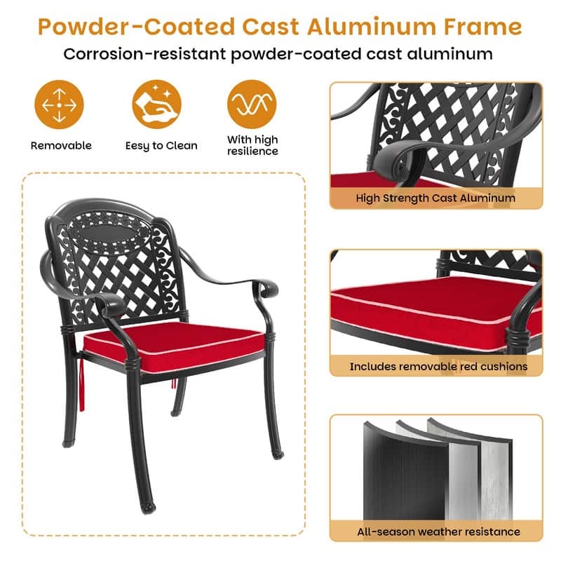 Black Stackable Cast Aluminum Patio Outdoor Dining Chairs With Seat Cushions