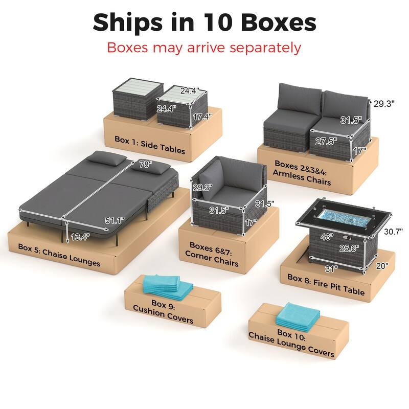 Outdoor Sectional Conversation Set PE Wicker with Double Chaise Lounge, 60,000 BTU Fire Pit Table