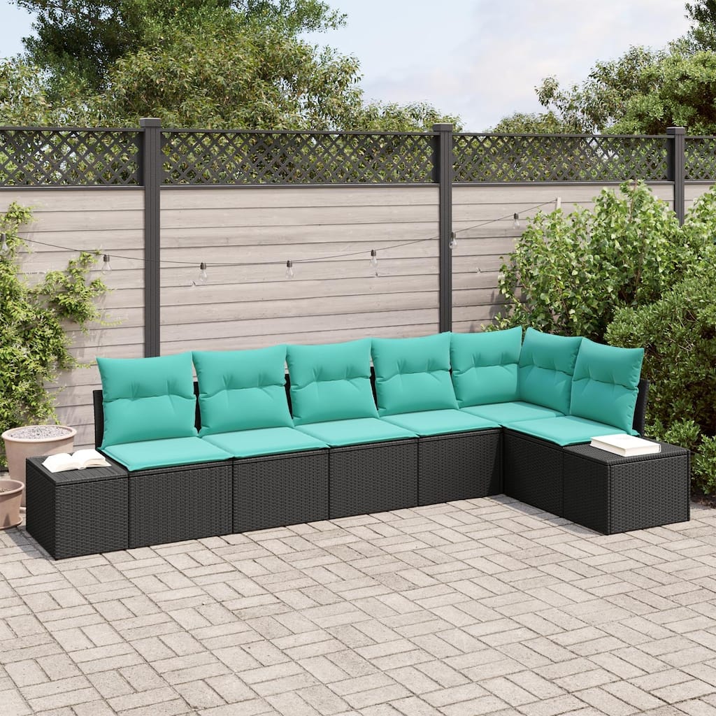 vidaXL 7 Garden Sofa Set with Cushions Black Poly Rattan - 125.6 x 60.6 x 27.2